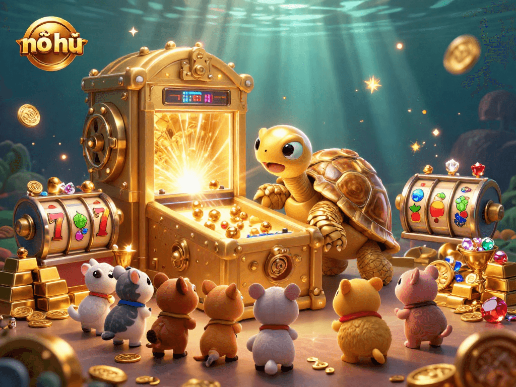 Experience winning moments in nổ hũ with a vibrant illustration of a colossal tortoise pinball machine and treasures.