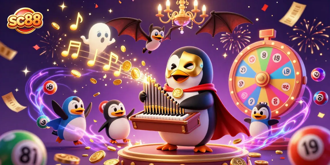 Experience the excitement of sc88 with vibrant lottery balls and a whimsical penguin playing for jackpots.