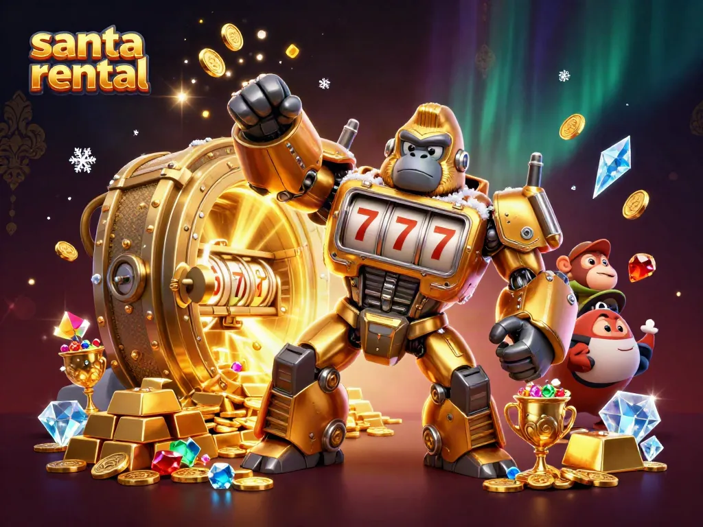 Watch as the vibrant santa rental scene comes alive with a golden gorilla mech amid dazzling casino treasures.