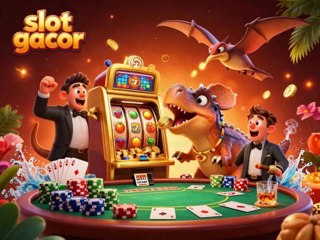 Experience the thrill of slot gacor with a pachycephalosaurus celebrating jackpot wins in a vibrant casino scene.