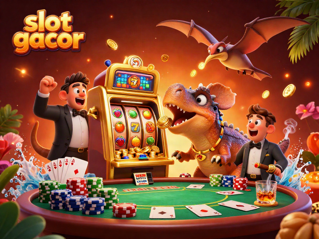 Experience the thrill of slot gacor with a pachycephalosaurus celebrating jackpot wins in a vibrant casino scene.