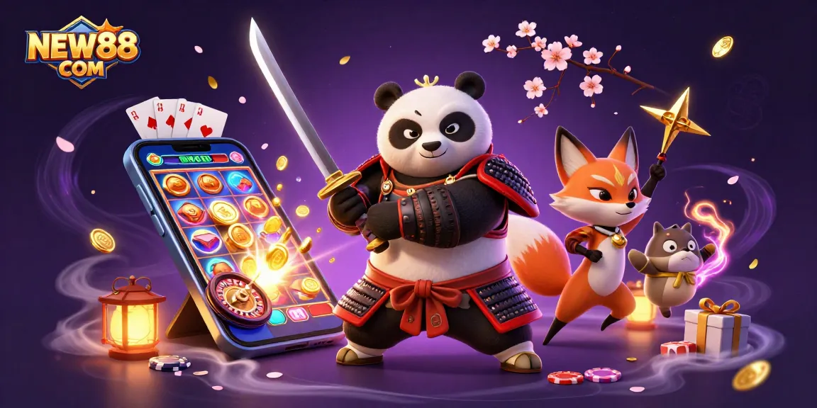 Engage with NEW88 COM's vibrant slot magic featuring a samurai panda and ninja fox in action.