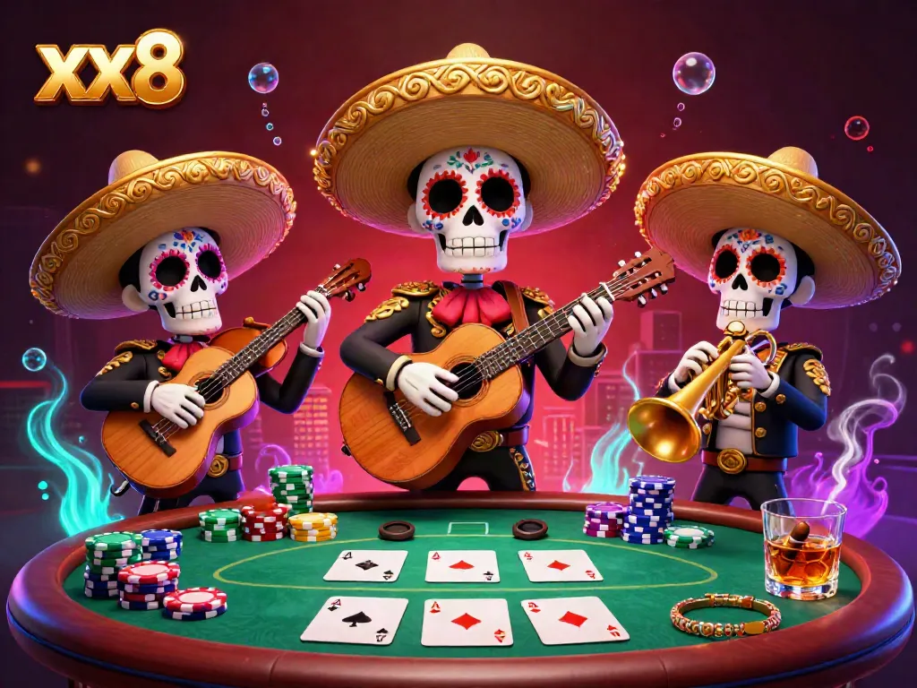 Experience the thrill of xx8 with a vibrant casino mariachi scene featuring poker chips and cards.