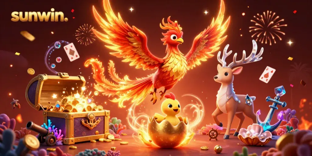 Engage with sunwin. as the fire phoenix soars among dynamic casino game symbols and treasures.