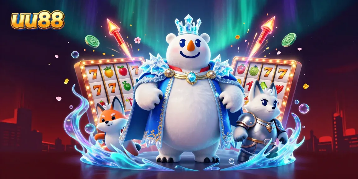 uu88 slots come alive as the ice king polar bear and snow fox celebrate amidst golden coins and festive fireworks.