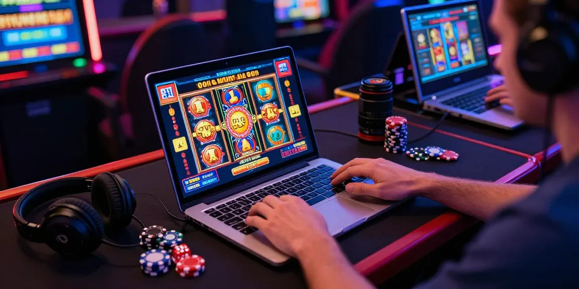 Pengalaman bermain slot gacor di laptop dengan aksesori permainan dan cahaya menarik, menciptakan suasana menyenangkan.