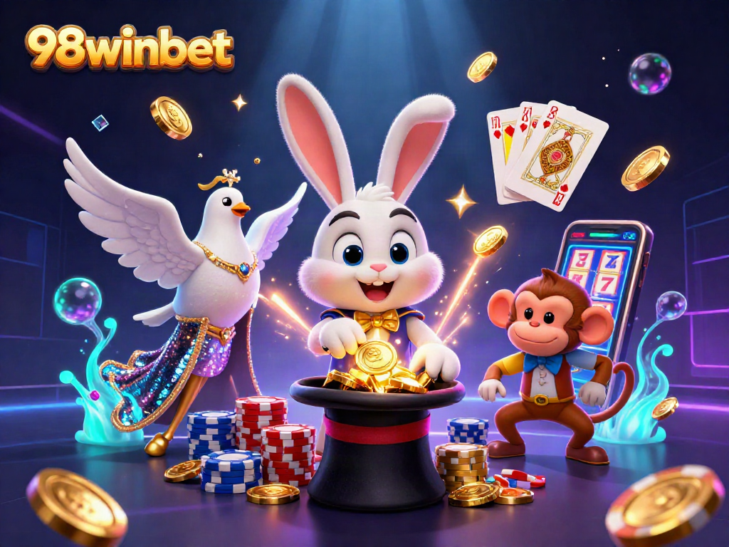 Engage with 98winbet's thrilling casino experience featuring a magician, dove, and monkey amidst rich visual gambling elements.