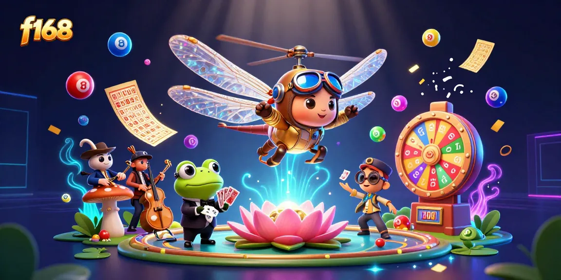 Experience thrilling gameplay with f168 as a dragonfly pilot soars over a vibrant lily pad casino scene.