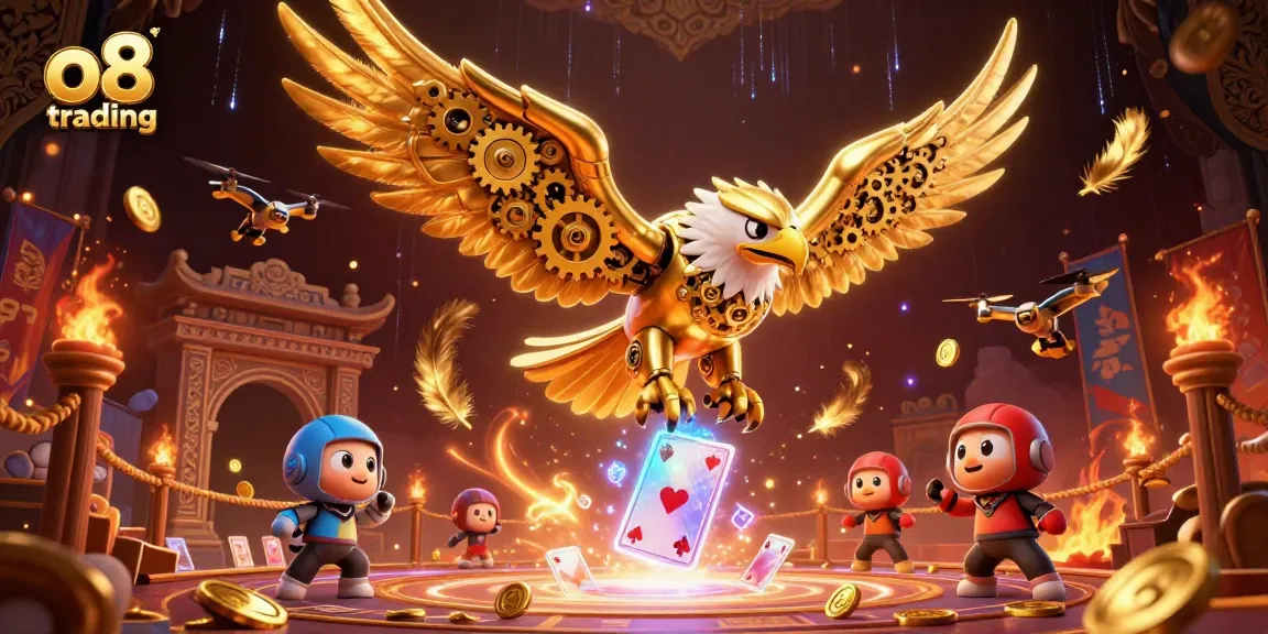 Experience the thrill of o8 trading with a dynamic 3D scene featuring a cybernetic eagle soaring through holographic cards.
