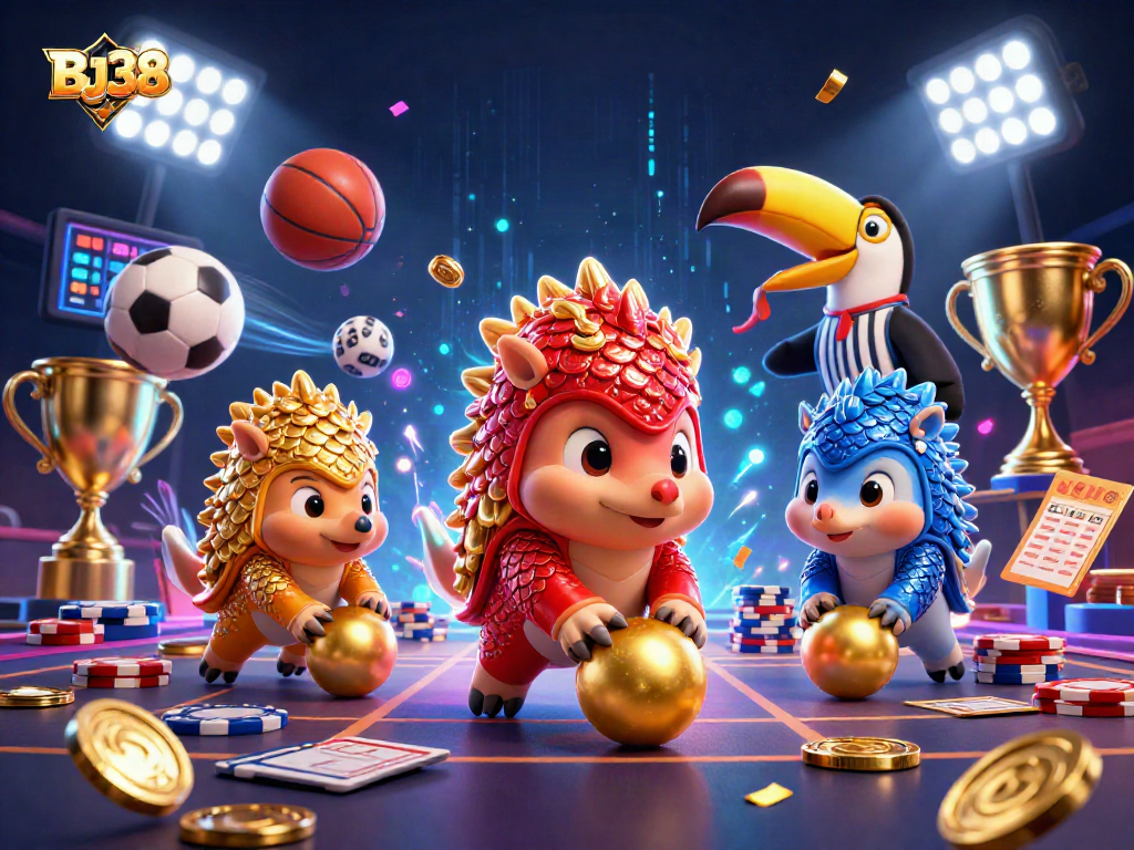 BJ38 pangolins compete in a vibrant casino scene with sports elements, showcasing exciting gambling action.