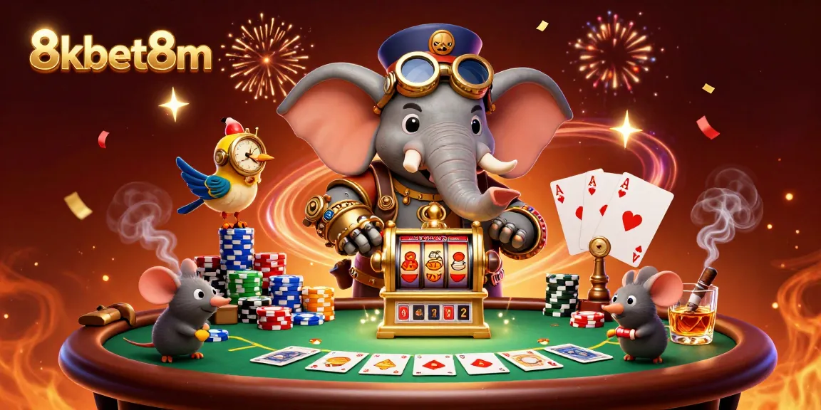 Experience the excitement of 8kbet8m with a lively gambling illustration featuring a steampunk elephant and vibrant casino elements.