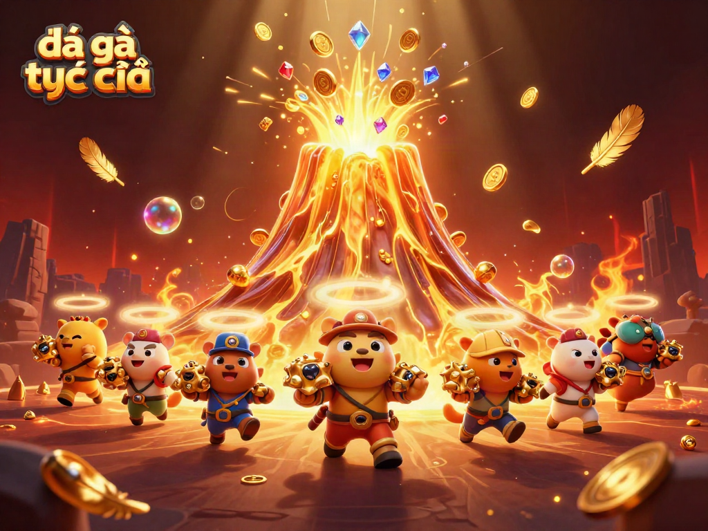 Experience the thrill of đá gà trực tiếp with an exciting arena scene featuring vibrant characters and action-packed elements.