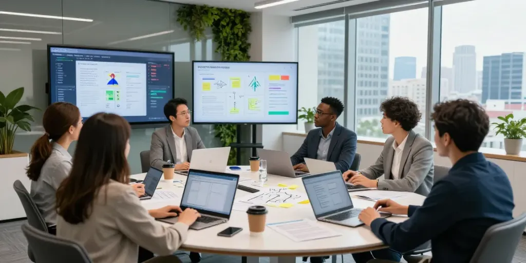 Enterprise AI collaboration in a modern office with professionals engaged in strategy development.