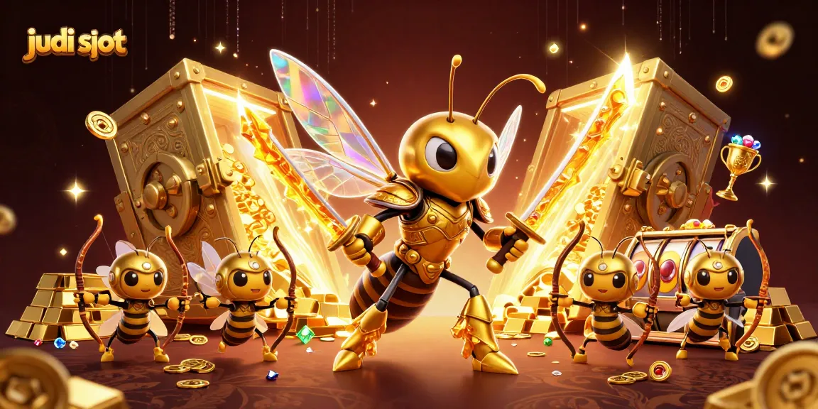 Play judi slot with a dynamic scene featuring a golden hornet in samurai armor amidst treasure and slots.