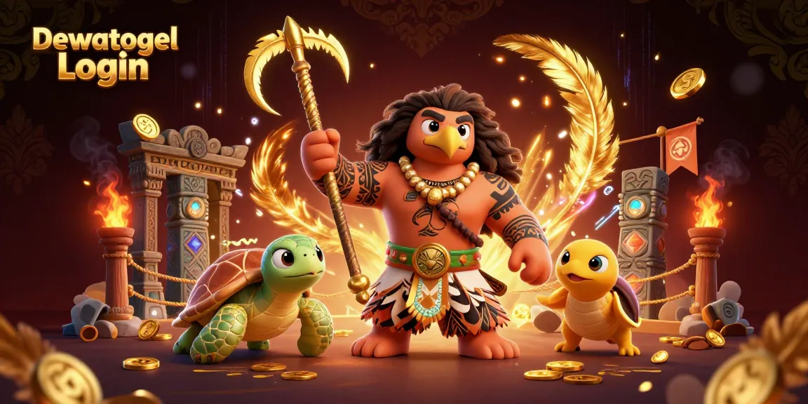 Dewatogel Login scene featuring a Polynesian demigod and turtle in a colorful casino setting.