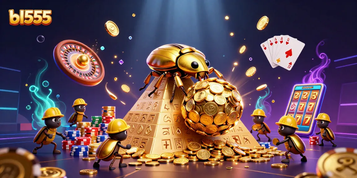 Win big at bl555 with a vibrant scene of a golden beetle rolling coins in a dynamic casino atmosphere.