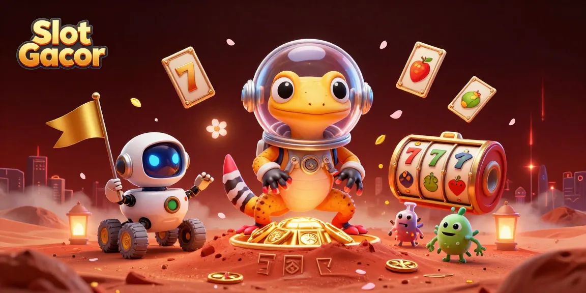 Engage with Slot Gacor as a Martian gecko uncovers a golden casino amid red Mars sand.
