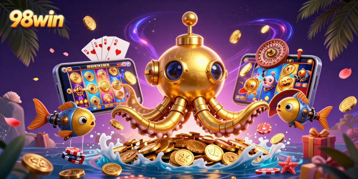 Play and win with 98win's exciting casino games surrounded by golden kraken and treasure.