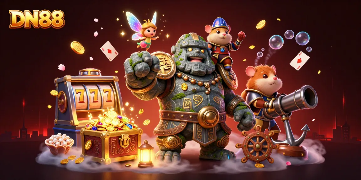 Engage with the vibrant DN88 casino scene filled with enchanting characters, gold coins, and slot machines.