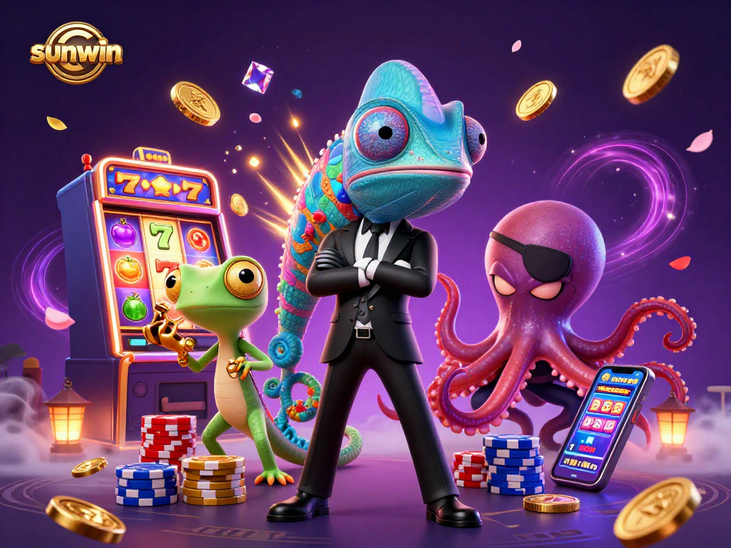 Experience the excitement of sunwin with a vivid 3D casino scene featuring colorful slot machines and vibrant characters.