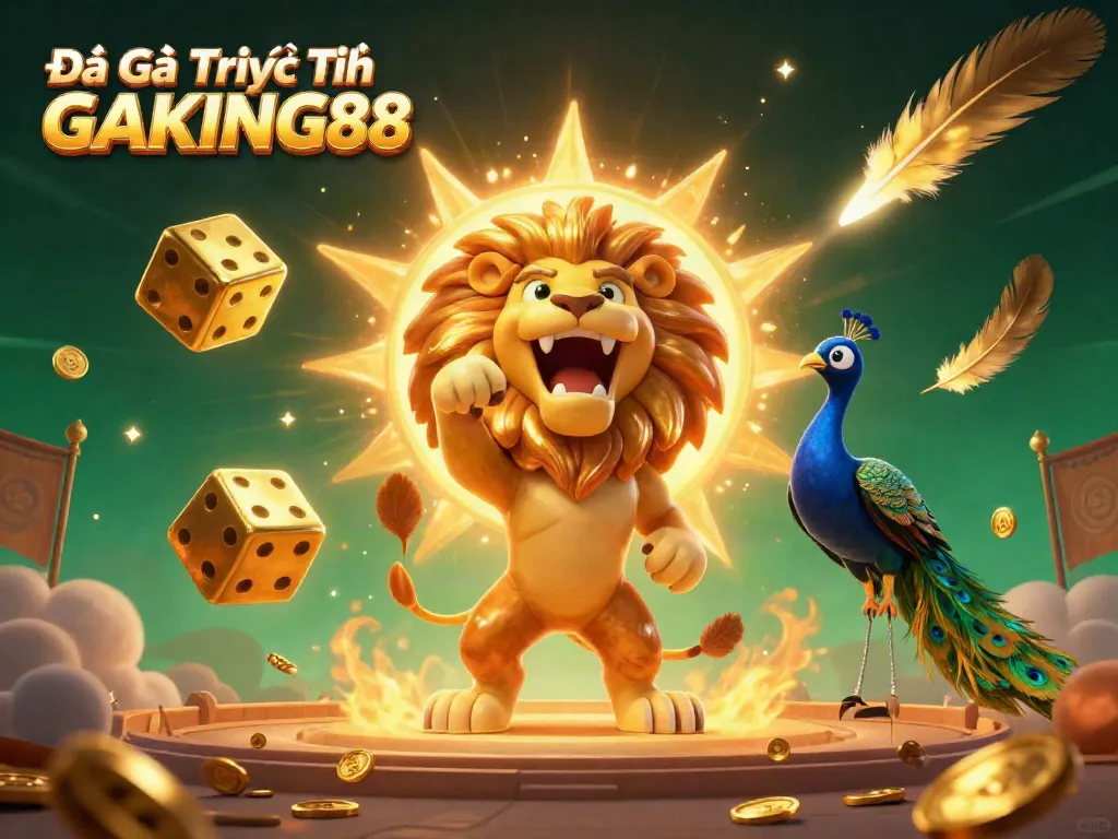 Engage in the excitement of Đá Gà Trực Tiếp GAKING88 with vibrant visuals of a cartoon lion in a dynamic fighting arena.
