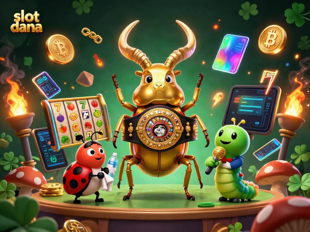 Slot dana menghadirkan aksi seru dengan simbol slot dan karakter menarik dalam ilustrasi kasino