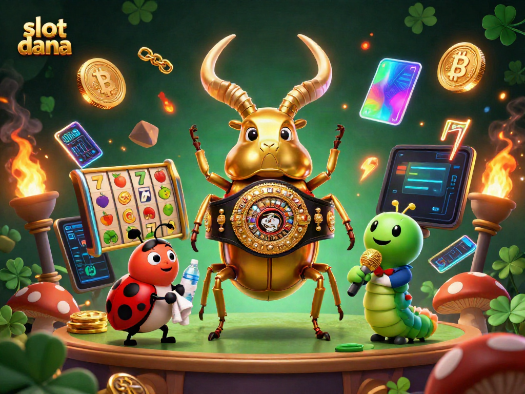 Slot dana menghadirkan aksi seru dengan simbol slot dan karakter menarik dalam ilustrasi kasino