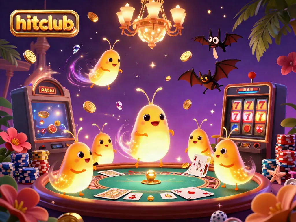 Experience the thrill of playing at hitclub. with glowworms illuminating the vibrant casino atmosphere and gold coins cascading everywhere.