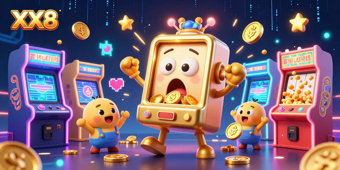 Experience the excitement of XX8 with a vibrant 3D golden slot machine hitting a jackpot!