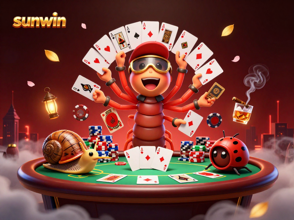 Experience sunwin at an energetic poker scene featuring a unique millipede dealer amidst vibrant gameplay.
