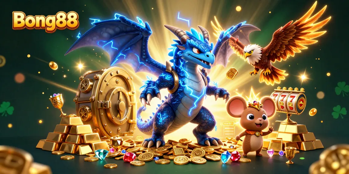 Bong88 presents a thrilling 3D scene with a thunder dragon, wind hawk, and thunder mouse among sparkling casino treasures.