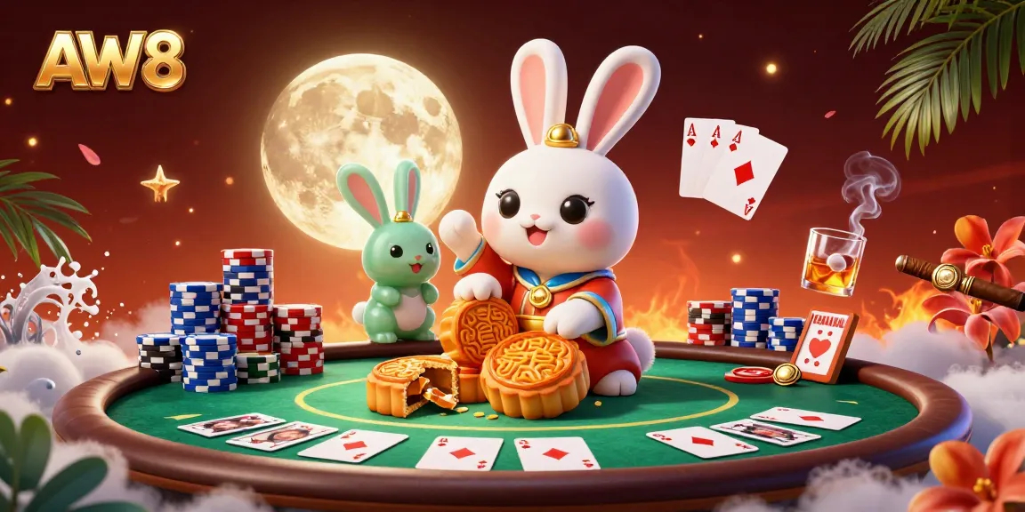 AW8 features a whimsical moon rabbit playing poker on the lunar surface, showcasing excitement.
