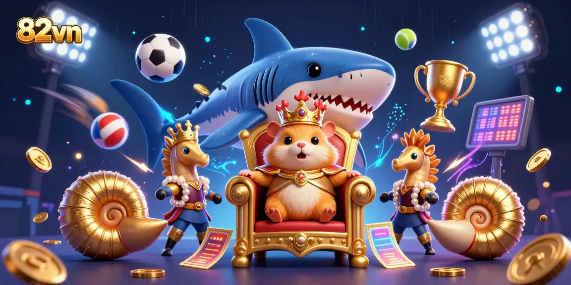 Bet on 82vn's exciting platform featuring a golden hamster king amidst dynamic sports elements.