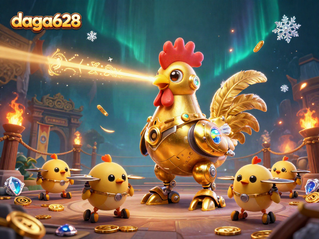 Experience thrilling cockfighting at daga628, featuring a golden rooster robot in an electrifying showdown.