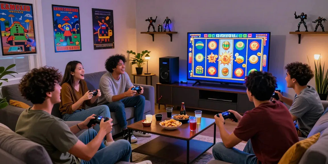 Friends celebrating a slot jackpot win in a cozy gaming room filled with excitement and colorful visuals.