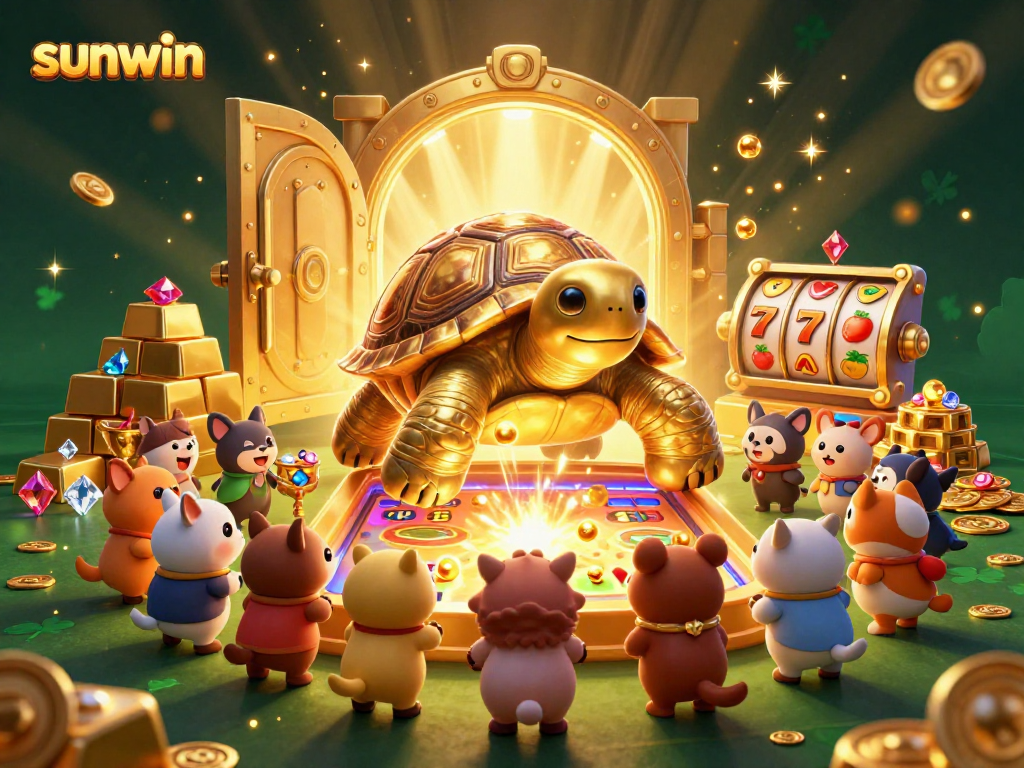 Experience the thrilling sunwin gameplay with our colossal golden tortoise pinball character surrounded by vibrant casino elements.