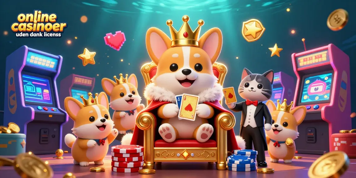 Engage with online casinoer uden dansk licens through a vibrant 3D illustration depicting a royal corgi on a throne surrounded by gaming elements.