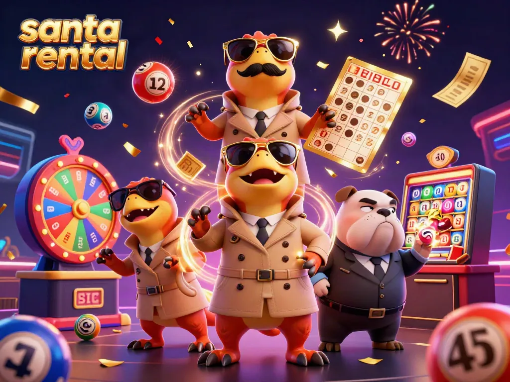 Engage with santa rental services through a fun casino-themed illustration.