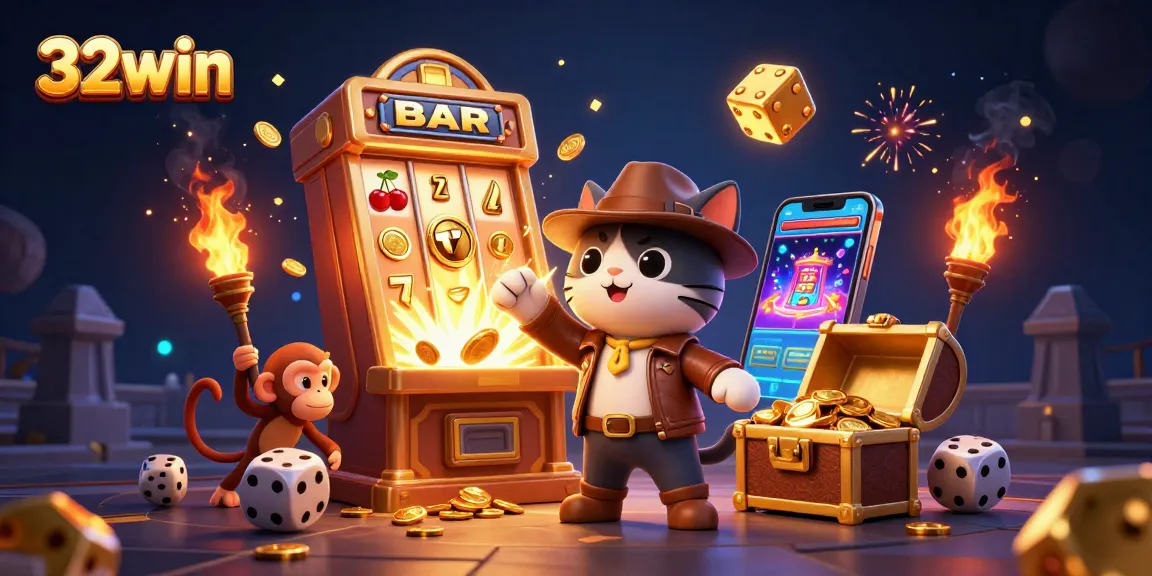Cats celebrate while winning on slot machines at 32win, showcasing vibrant gaming action.