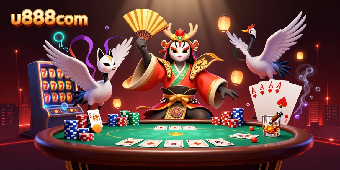 Experience dynamic gaming action at u888com with a vivid casino scene featuring poker elements and engaging characters.