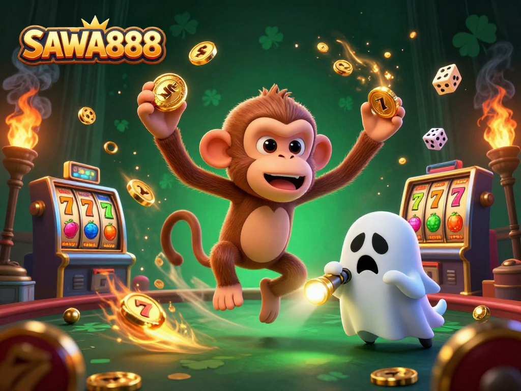 SAWA888 offers thrilling slot action with vibrant graphics from a haunted casino scene.