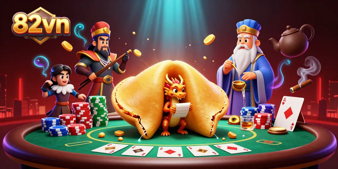 Engage with 82vn's vibrant casino atmosphere showcasing a golden fortune cookie, dragons, and poker elements.