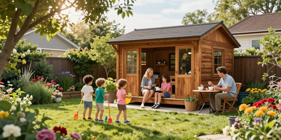 Familie genießt Zeit im Garten mit einem schönen Gartenhaus.