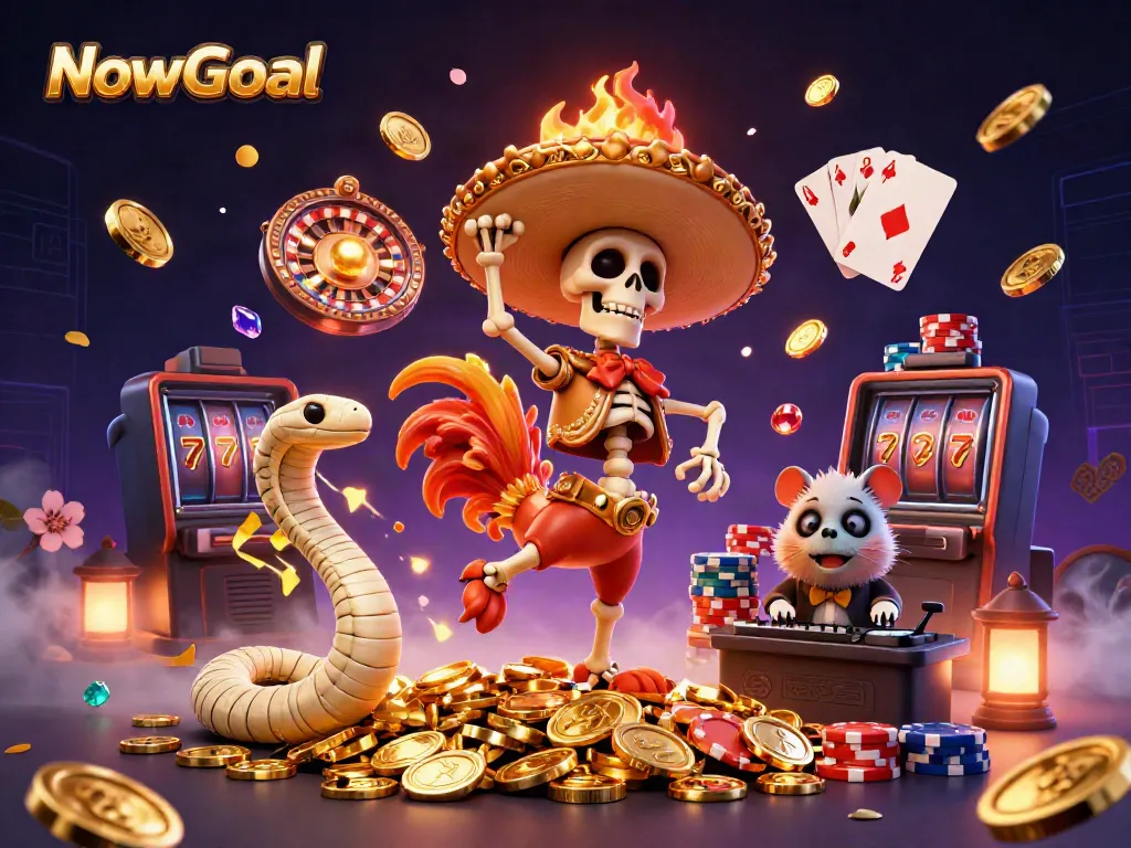 NowGoal showcases an energetic gambling scene with a vibrant mariachi rooster, coins, and poker elements.