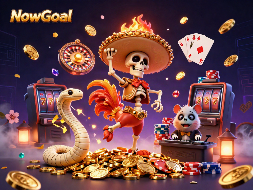 NowGoal showcases an energetic gambling scene with a vibrant mariachi rooster, coins, and poker elements.