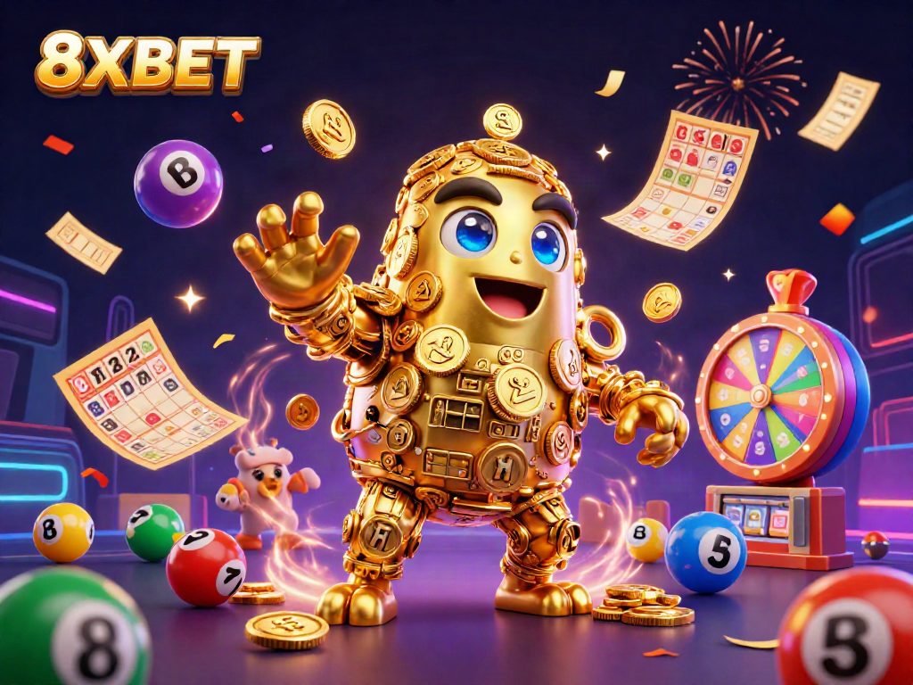 Experience the magic of gaming with 8XBET's dynamic 3D illustration, featuring a golden golem and vibrant lottery elements.