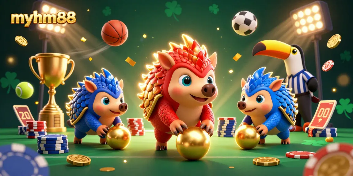 Bowling pangolins highlight myhm88's dynamic sports betting scene with confetti and golden trophies.