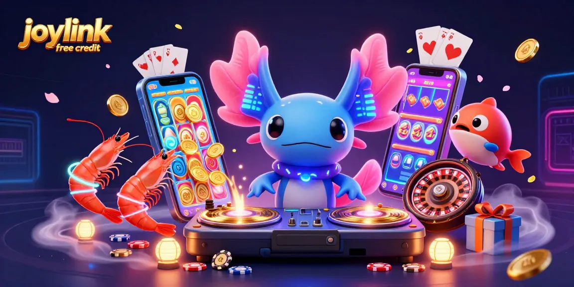 Experience joylink free credit with vibrant 3D casino illustration featuring playful aquatic characters.
