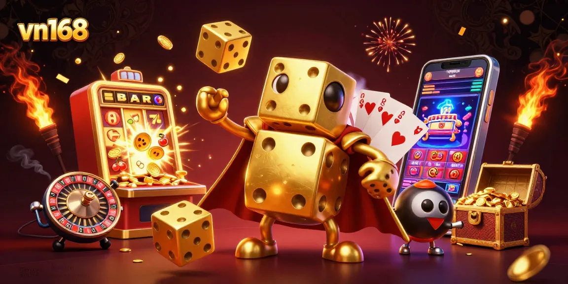 Experience the excitement at vn168 with vibrant casino-themed character action surrounded by dazzling gaming elements.