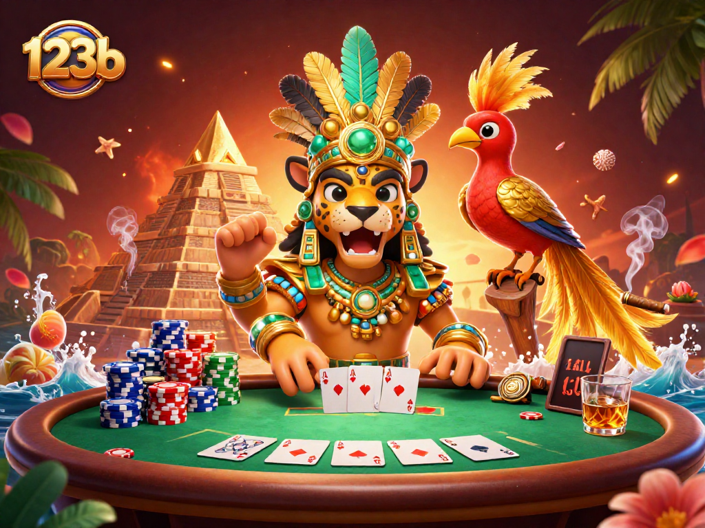 Engage in thrilling poker action at 123b with a dynamic Mayan priest and colorful game elements.